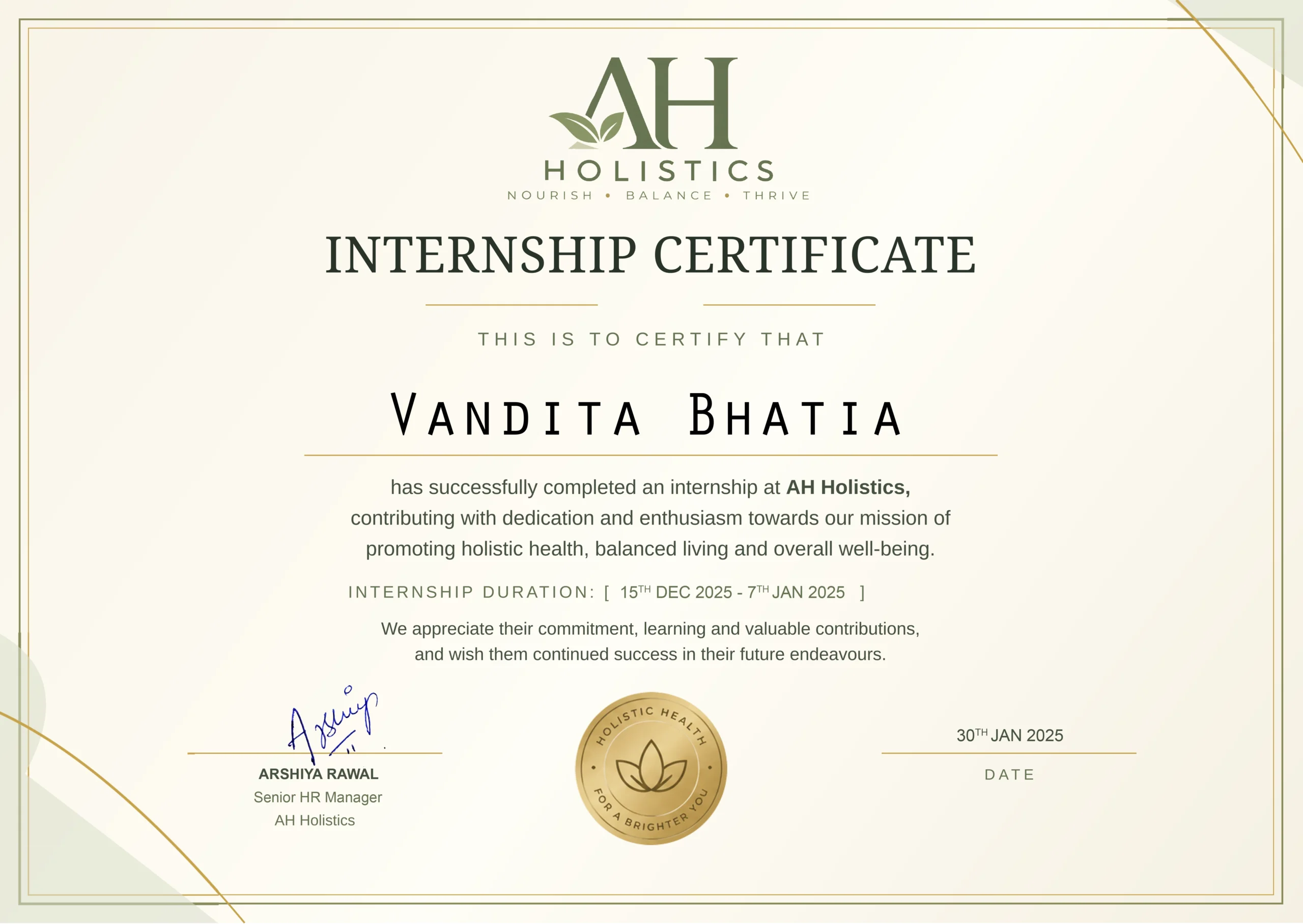 AH Holistics Internship Certificate - Vandita Bhatia