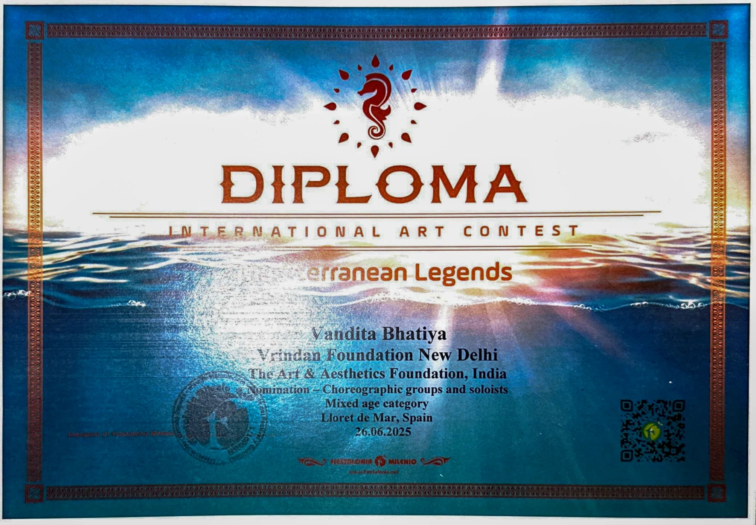 Diploma - International Art Contest Mediterranean Legends  - Vandita Bhatia