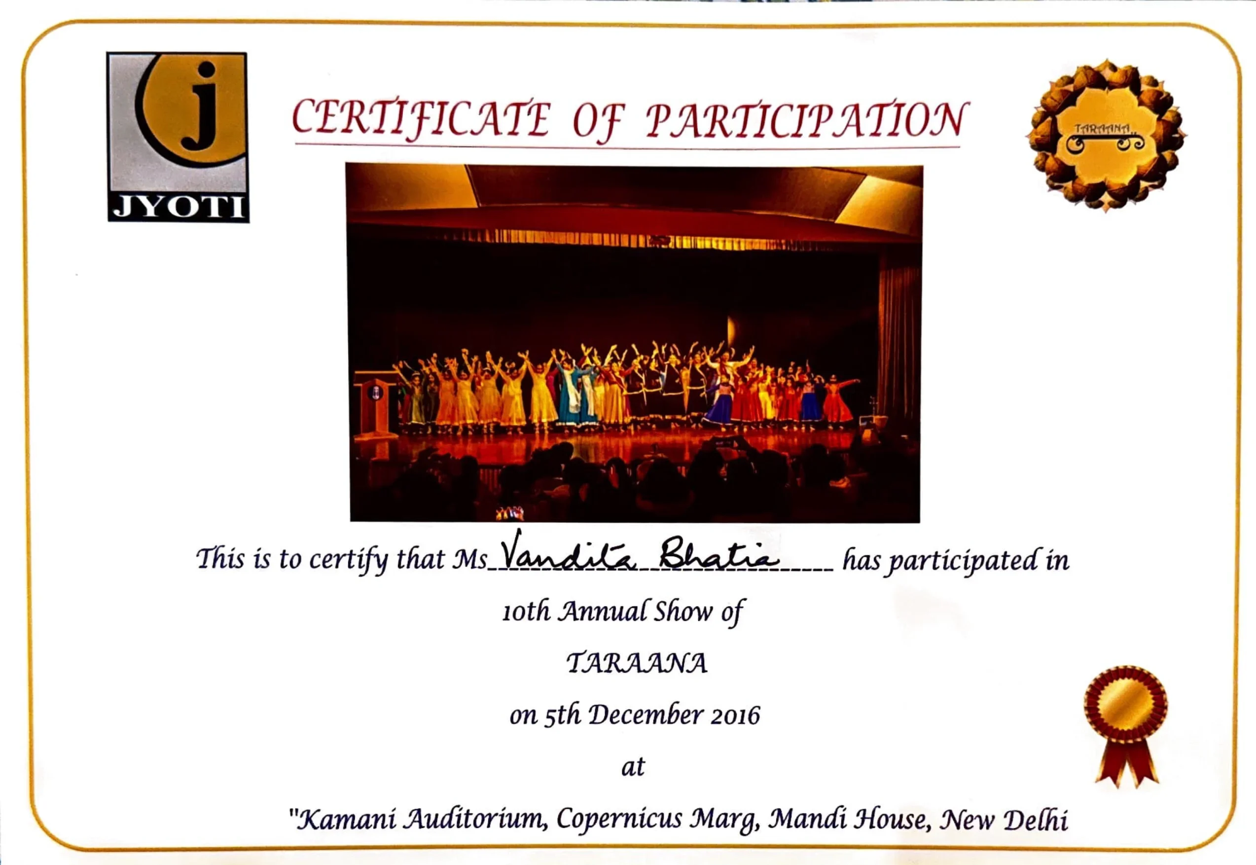 Jyoti Certificate of Participation - Tarana Annual Show 2016