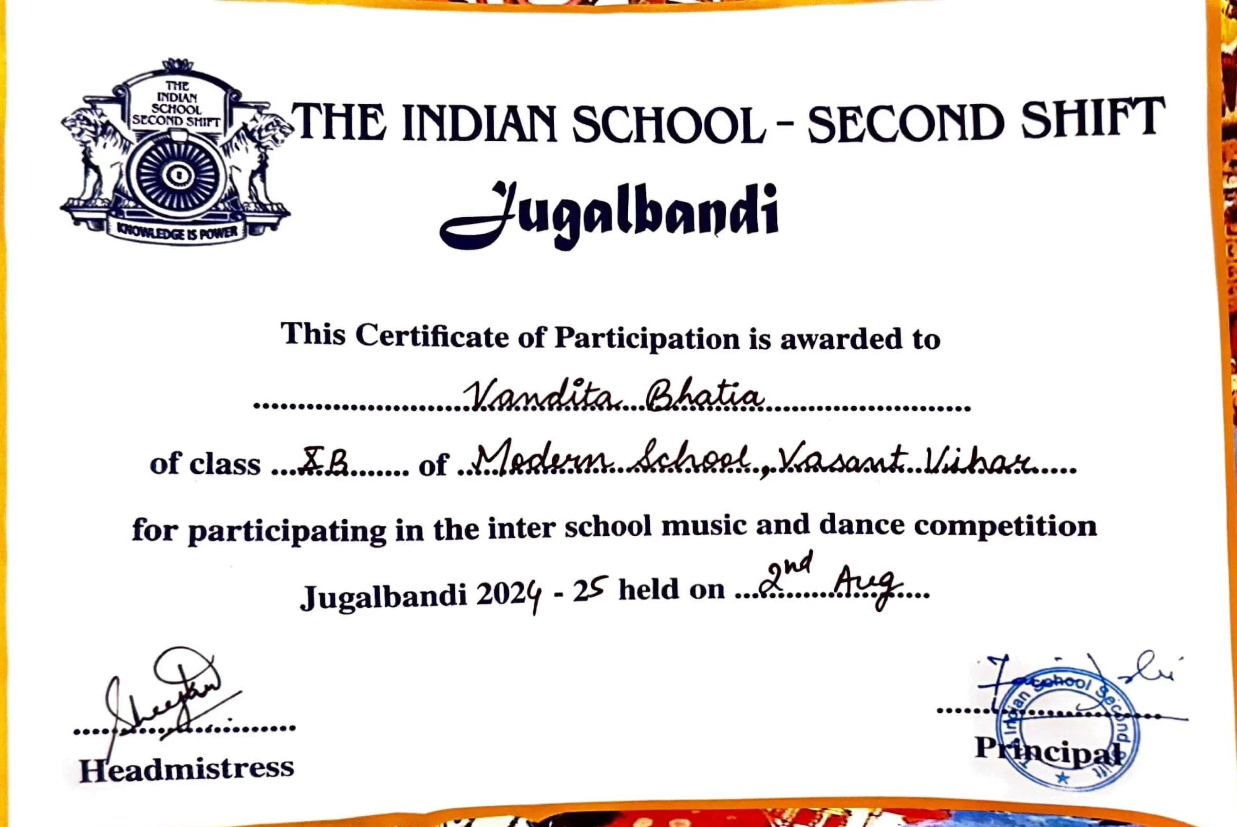 The Indian School Second Shift Jugalbandi Certificate of Participation