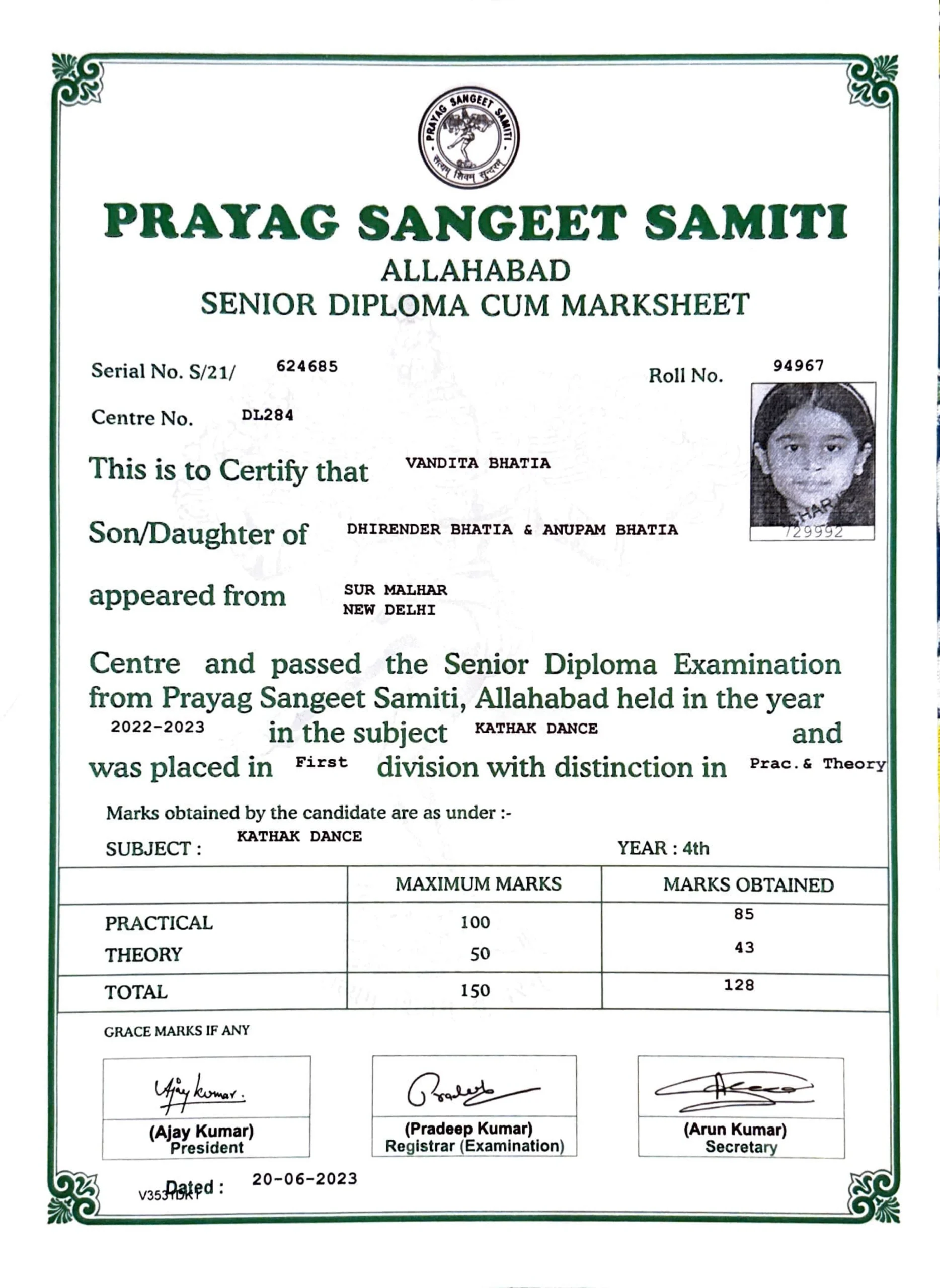 Prayag Sangeet Samiti Senior Diploma Cum Marksheet - Kathak Dance