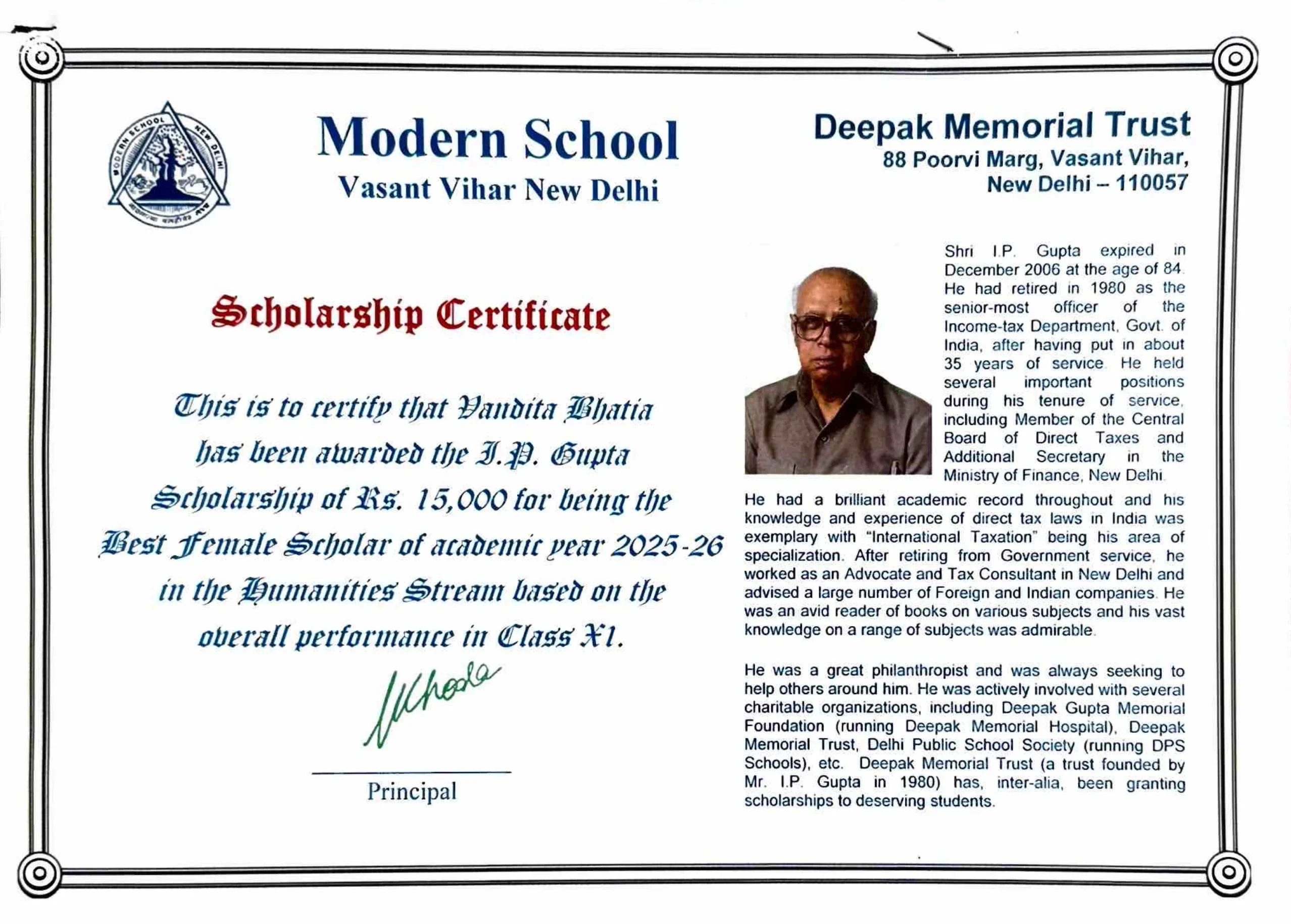 Vandita Bhatia - Deepak Memorial Trust Scholarship Certificate