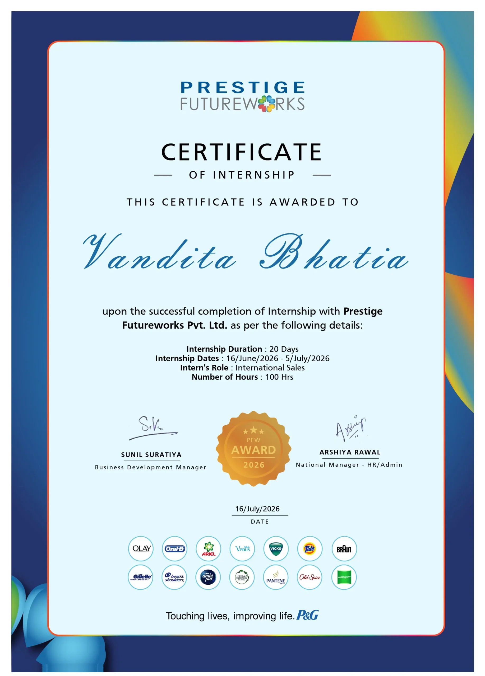Prestige Futureworks International Sales Internship Certificate