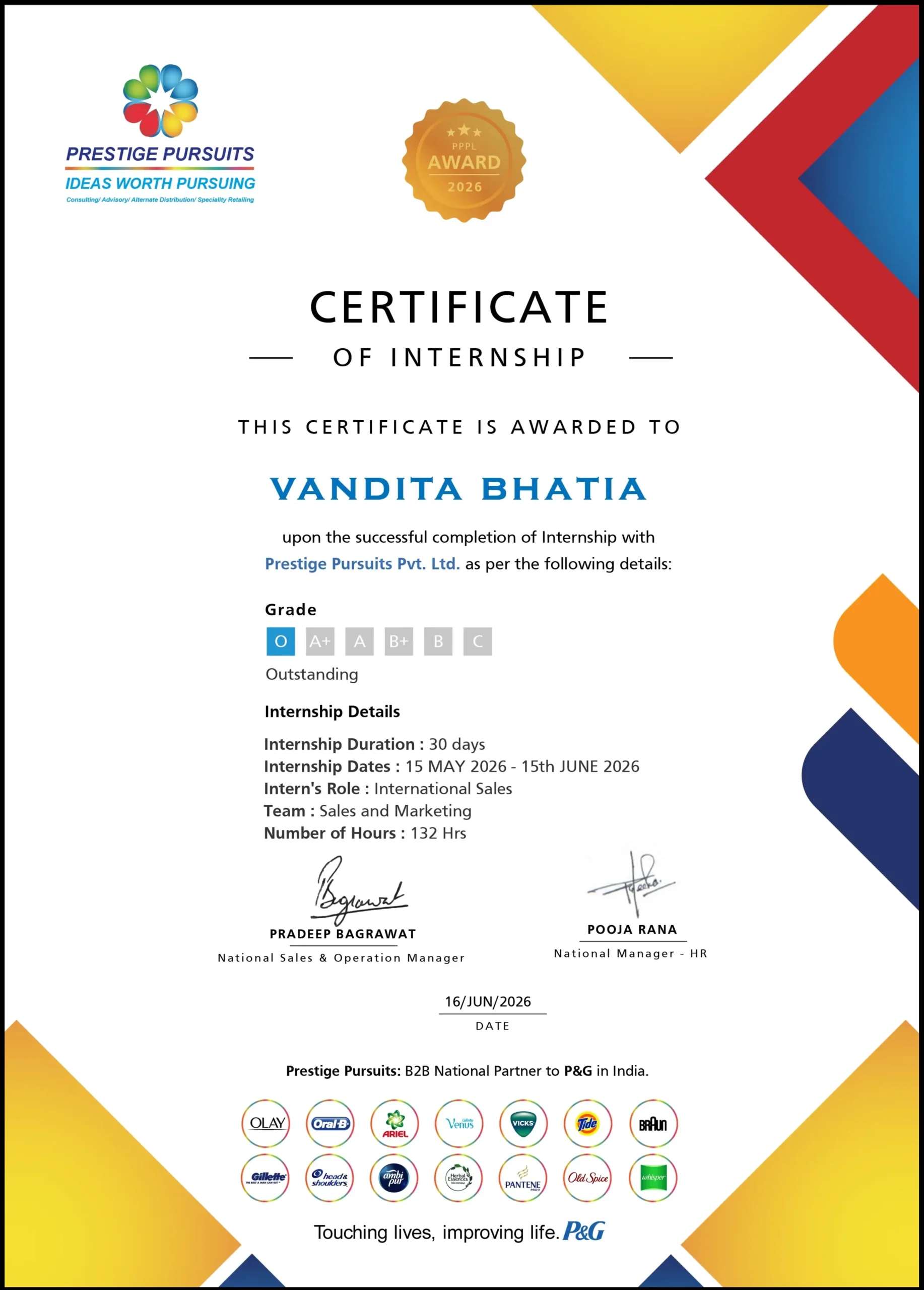 Prestige Pursuits Sales and Marketing Internship Certificate