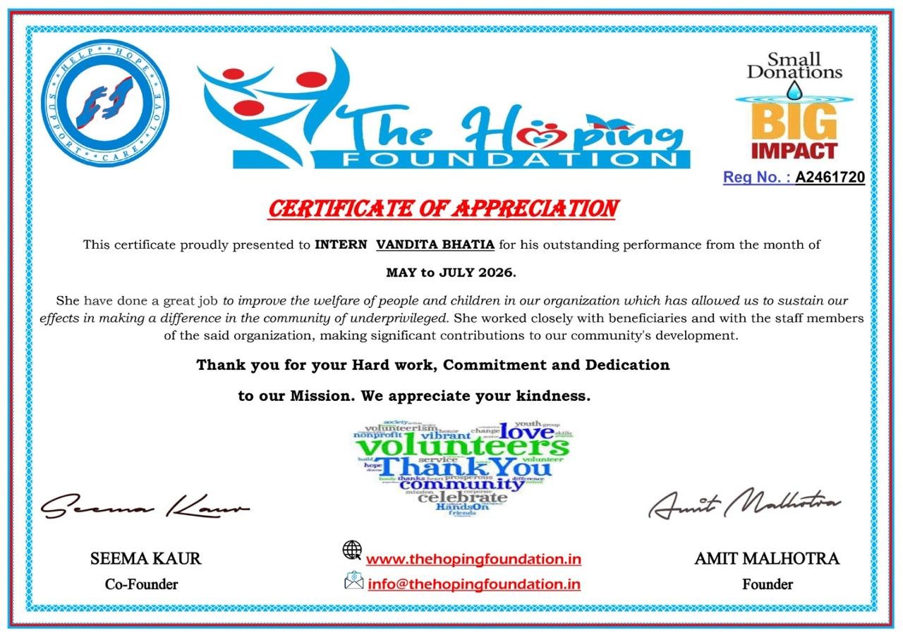 The Hoping Foundation Certificate of Appreciation