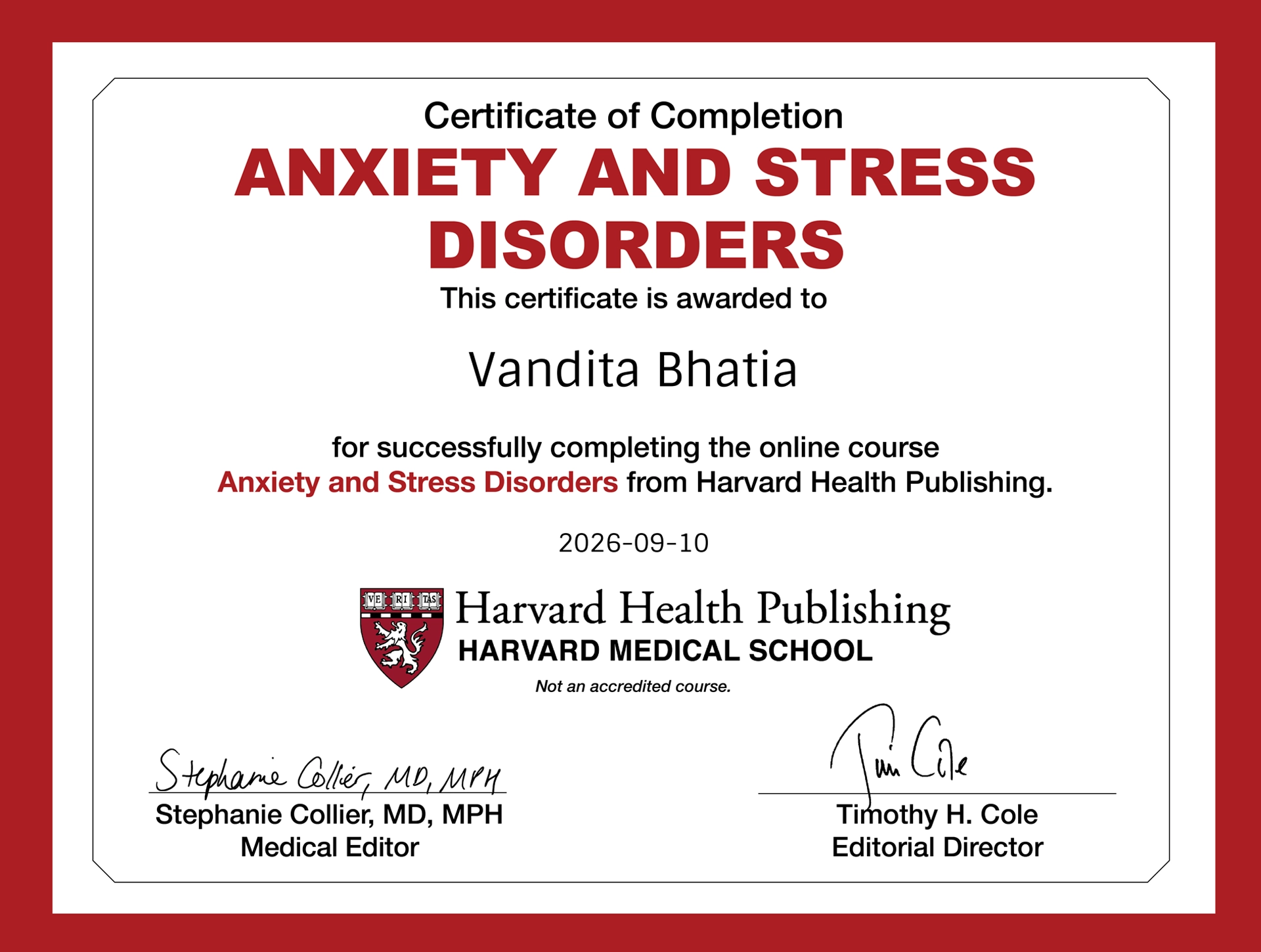 Harvard Health Publishing Anxiety and Stress Disorders Certificate