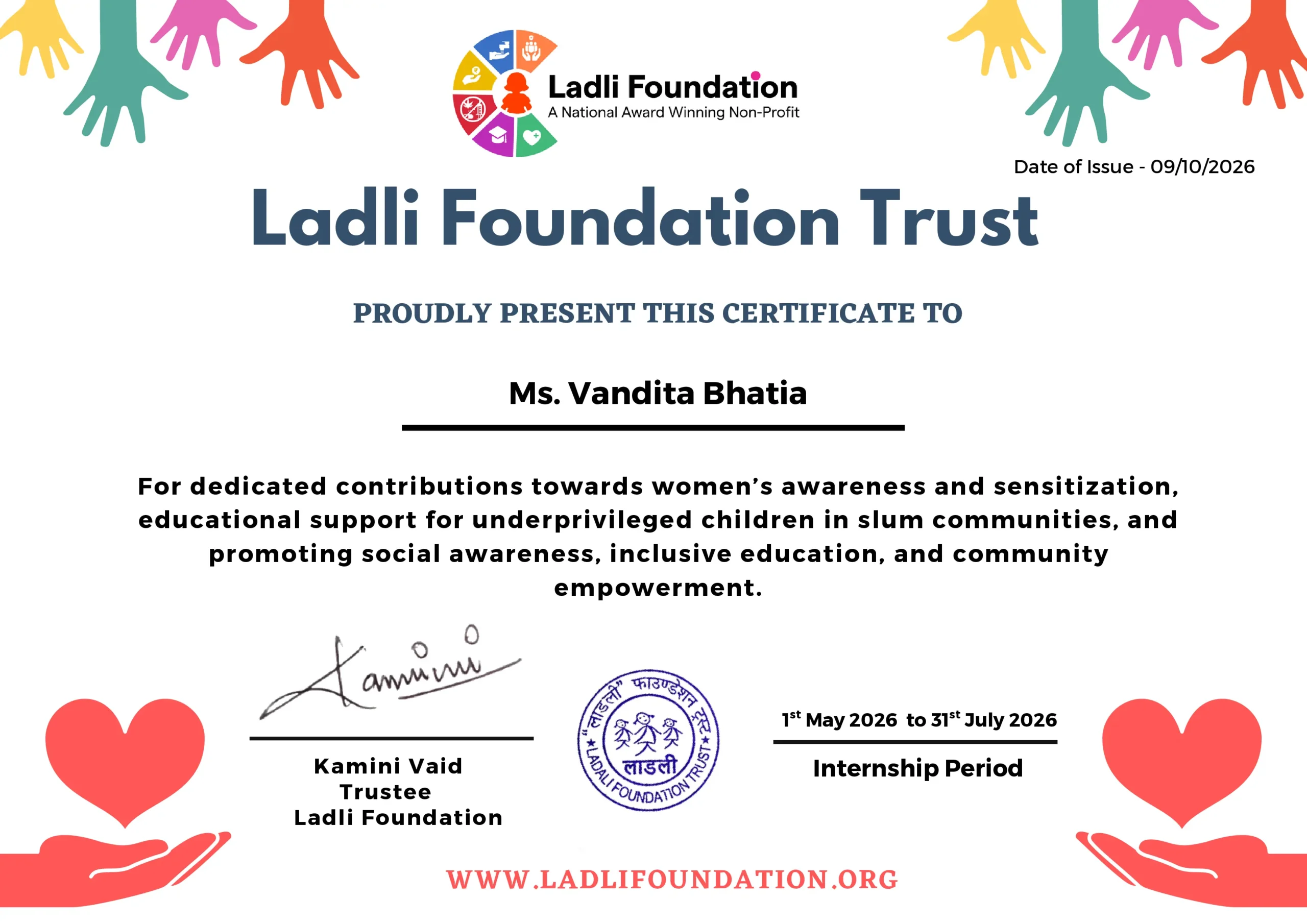 Ladli Foundation Trust Certificate of Achievement
