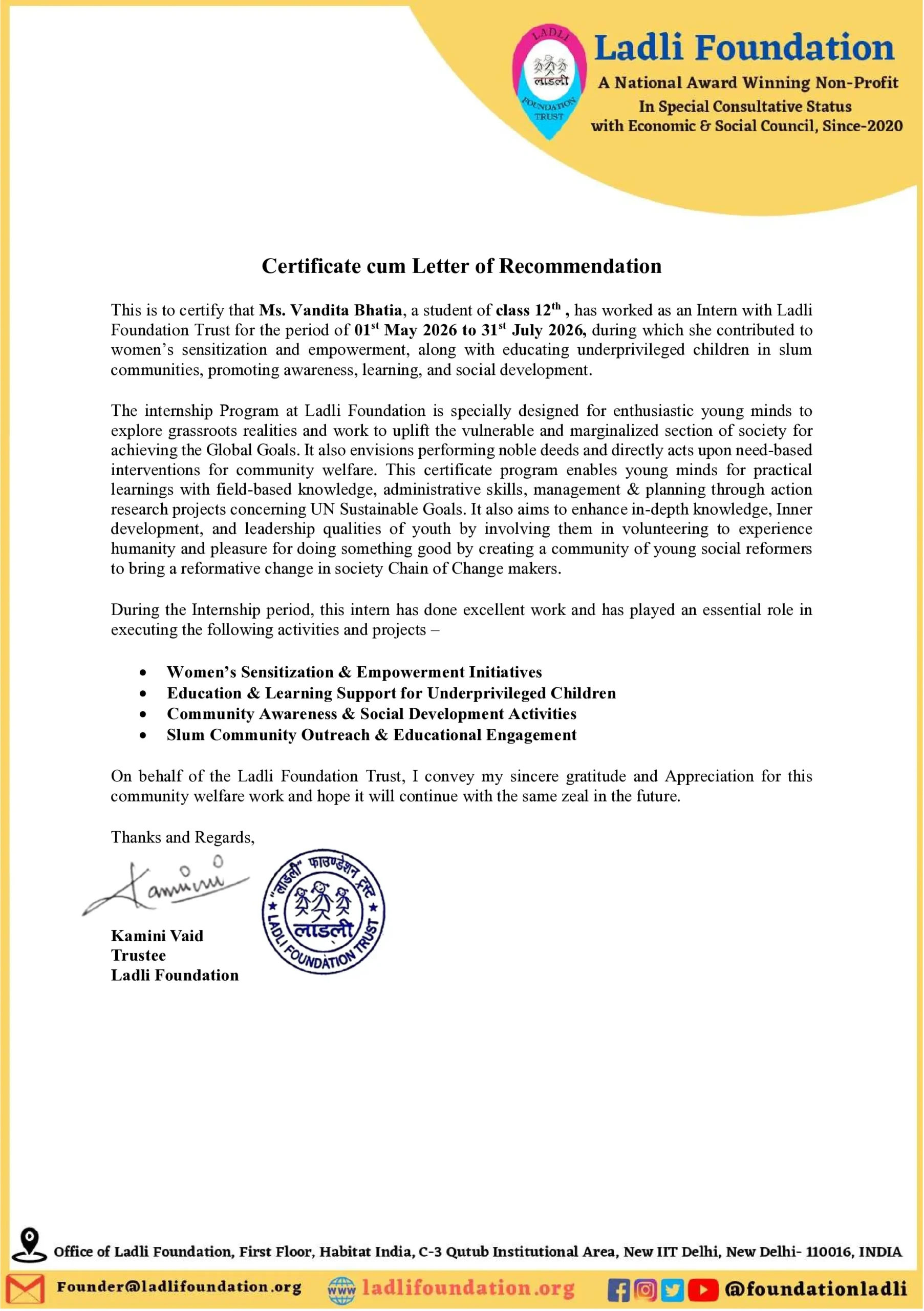 Ladli Foundation Internship Certificate - Page 1