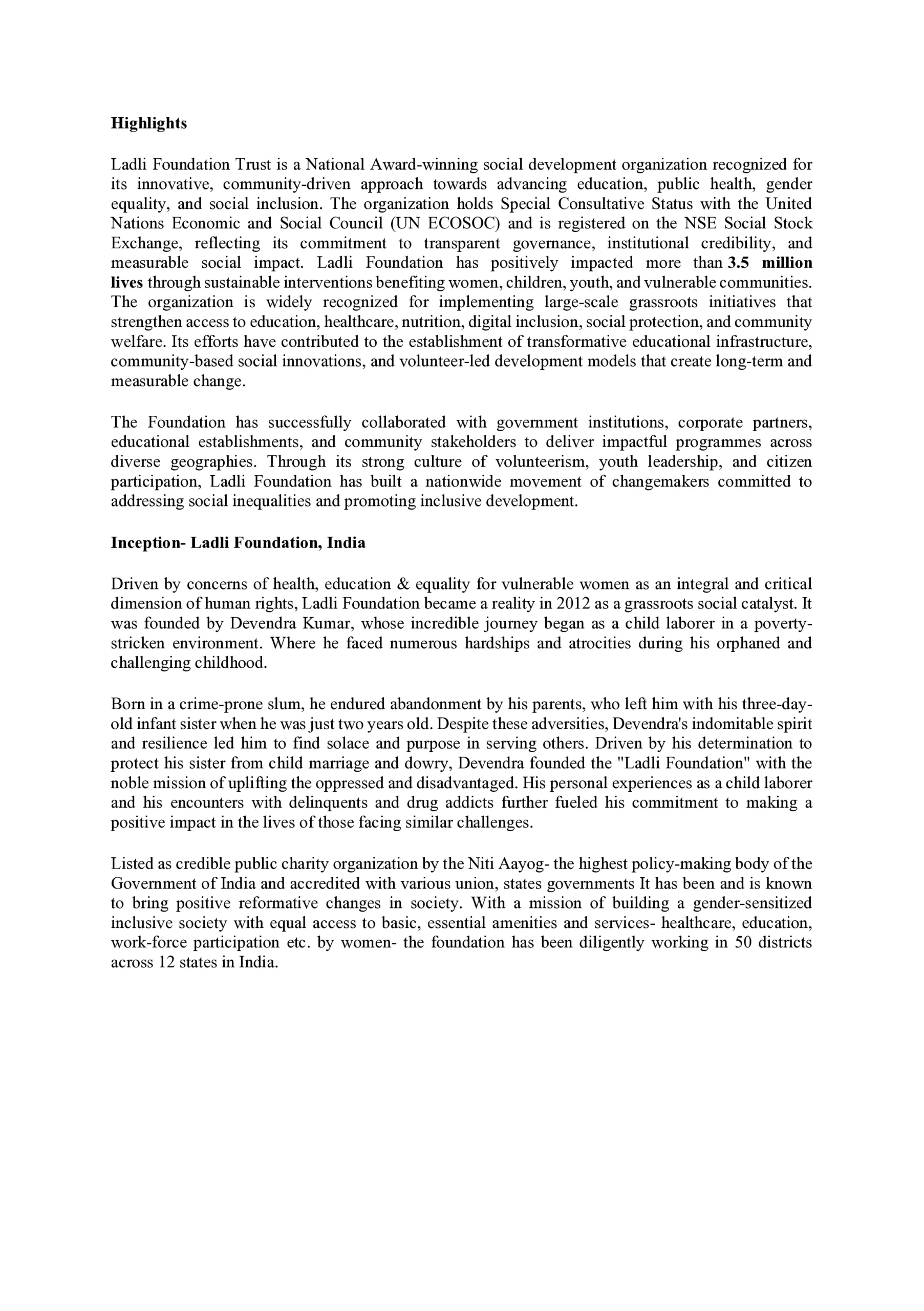 Ladli Foundation Internship Certificate - Page 2